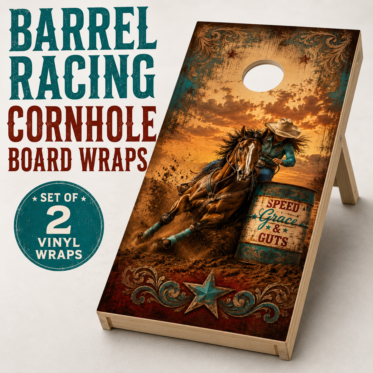 Barrel Racing Cornhole Board Wrap Set | Western Horse Racing Vinyl Wraps