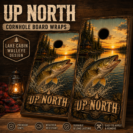 Up North Lake Cabin Walleye Cornhole Board Wrap Set