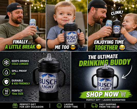 Busch Light - Inspired Insulated Sippy Cup – Funny Baby Drinking Buddy Cup – Spill Proof 10oz Stainless Steel Toddler Gift