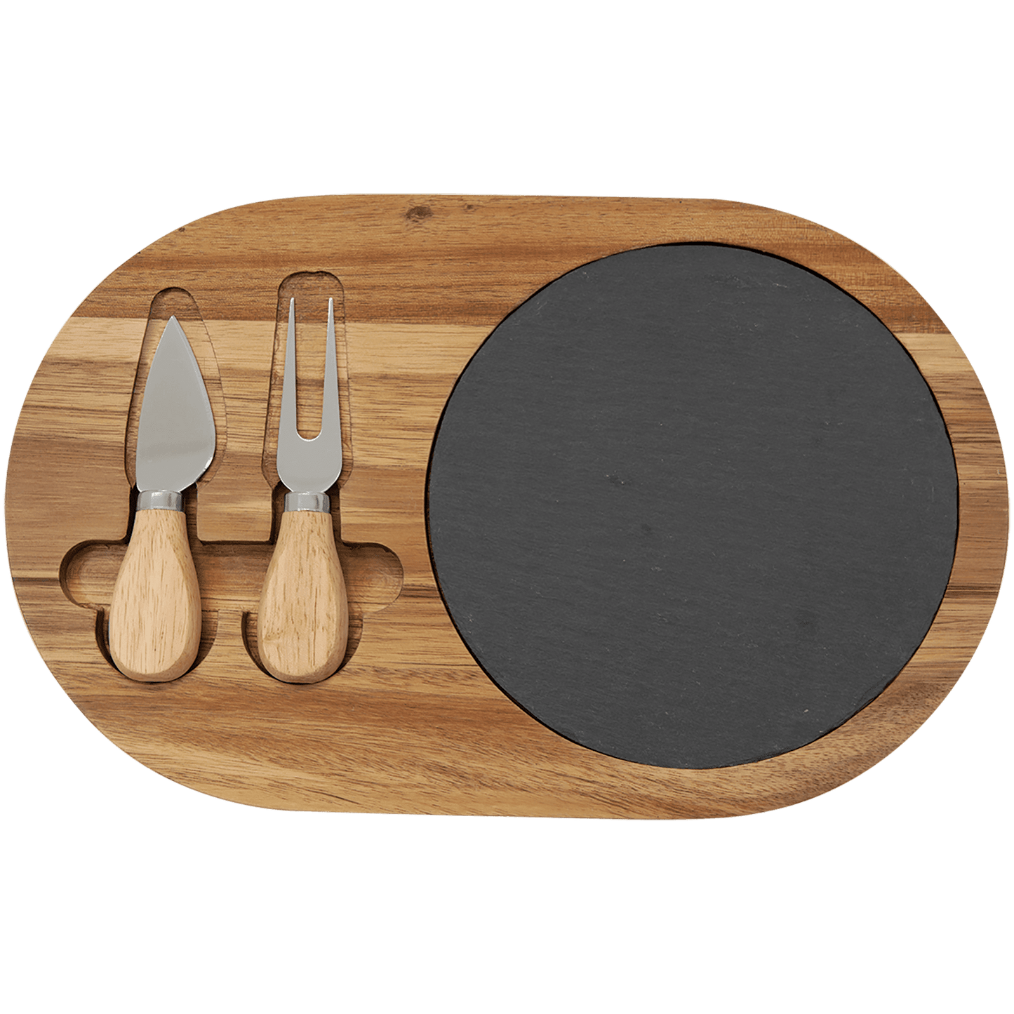 Customized Acacia Wood/Slate Oval Cheese Set with Two Tools - 12 1/2" x 7 3/4"