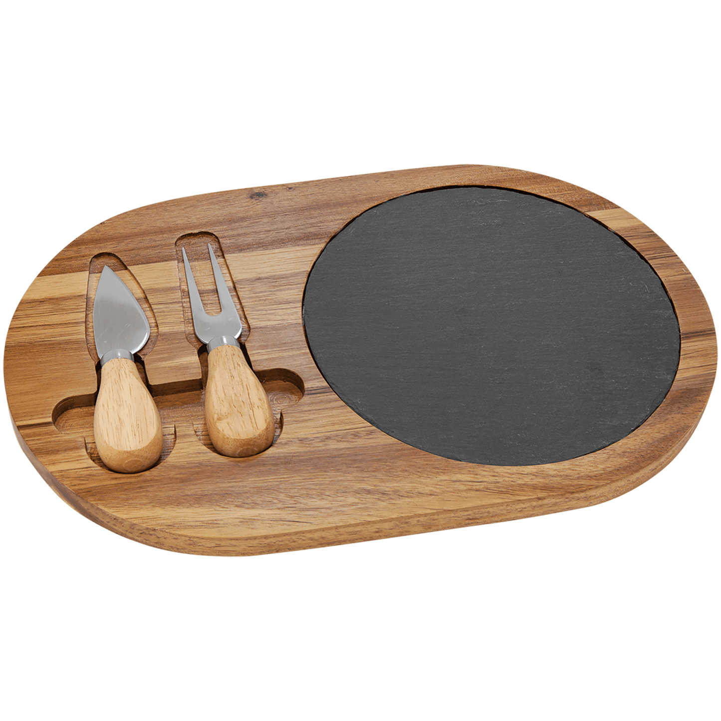 Customized Acacia Wood/Slate Oval Cheese Set with Two Tools - 12 1/2" x 7 3/4"