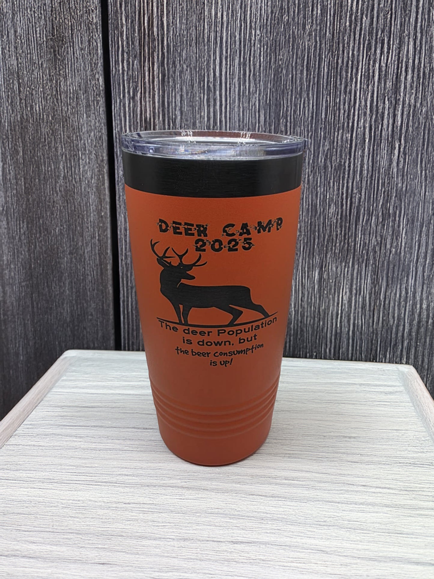 Deer Camp 2025 Tumbler with Slider Lid Insulated Drinkware Durable Stainless Steel Hunting Mug Orange Color with Humorous Text