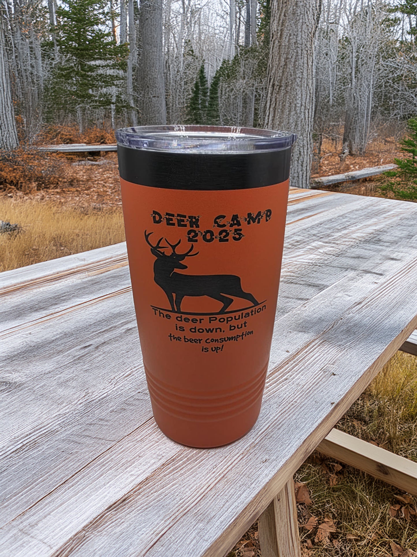 Deer Camp 2025 Tumbler with Slider Lid Insulated Drinkware Durable Stainless Steel Hunting Mug Orange Color with Humorous Text