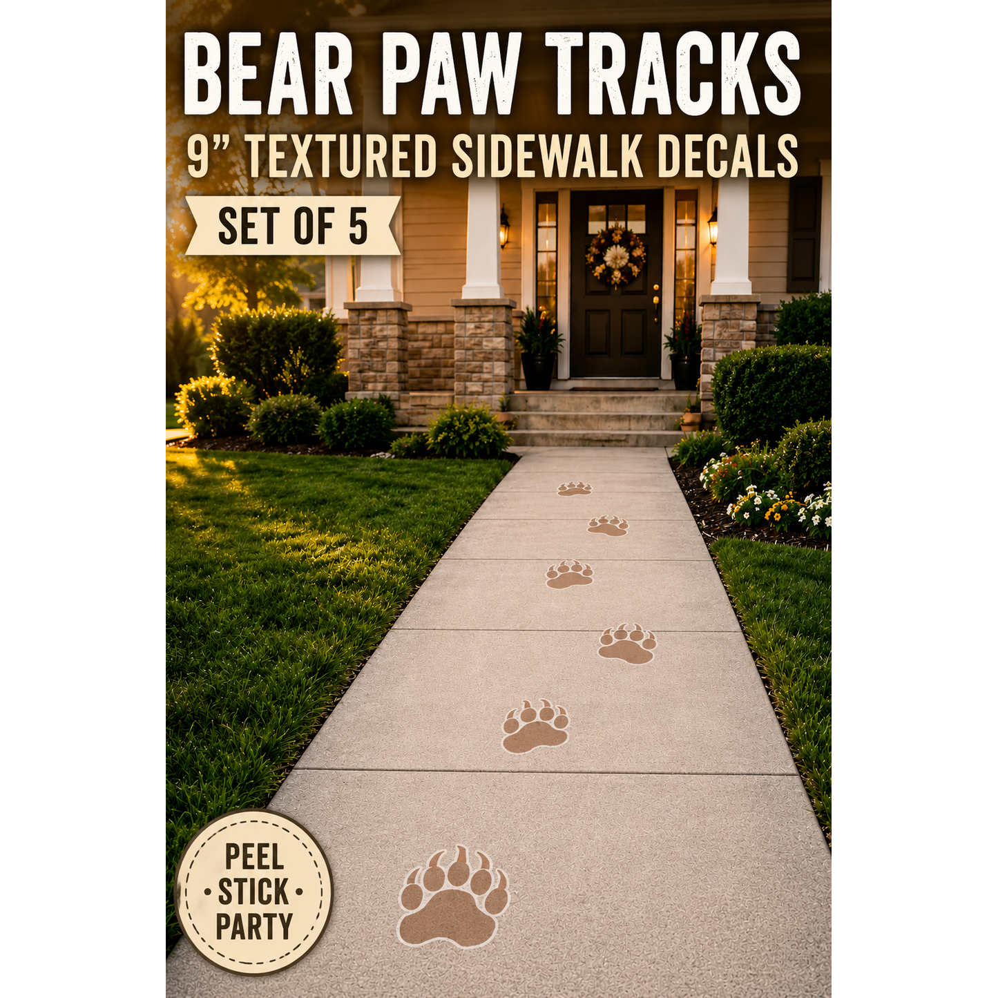 Bear Paw Sidewalk Decals 9" Floor Stickers Party Tracks Set of 5 Outdoor Vinyl