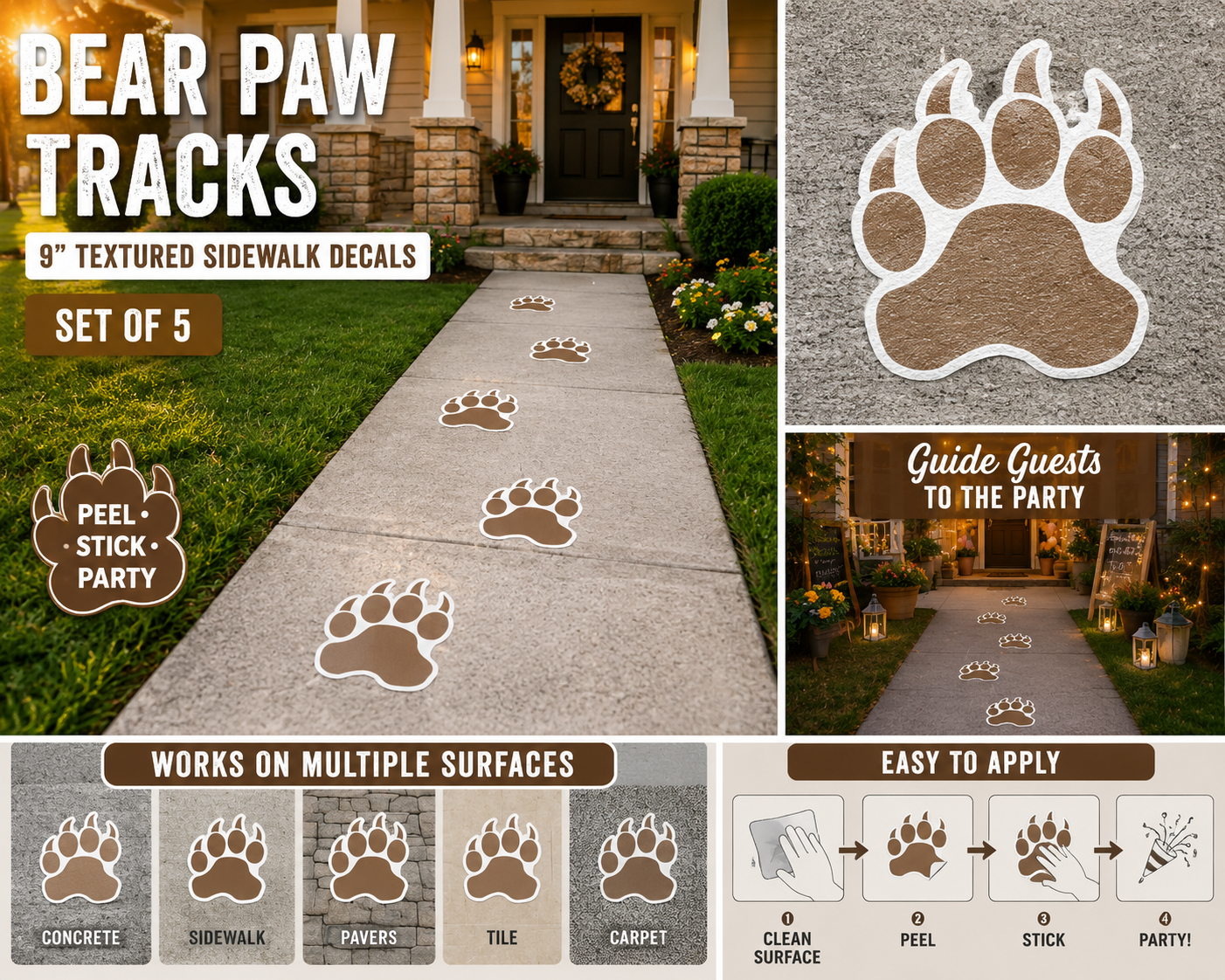 Bear Paw Sidewalk Decals 9" Floor Stickers Party Tracks Set of 5 Outdoor Vinyl