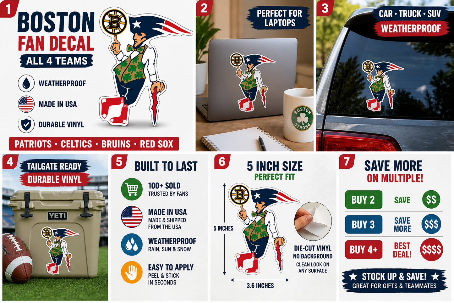 Boston Sports Fan Vinyl Decal 5" Sticker Patriots Celtics Bruins Red Sox Car