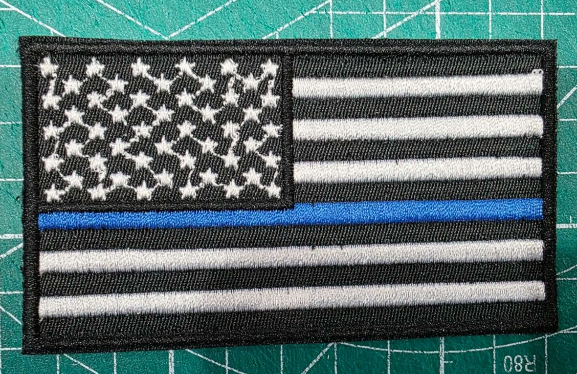 3.75" wide Thin Blue Line American Flag Iron /Sew On Embroidered Patch
