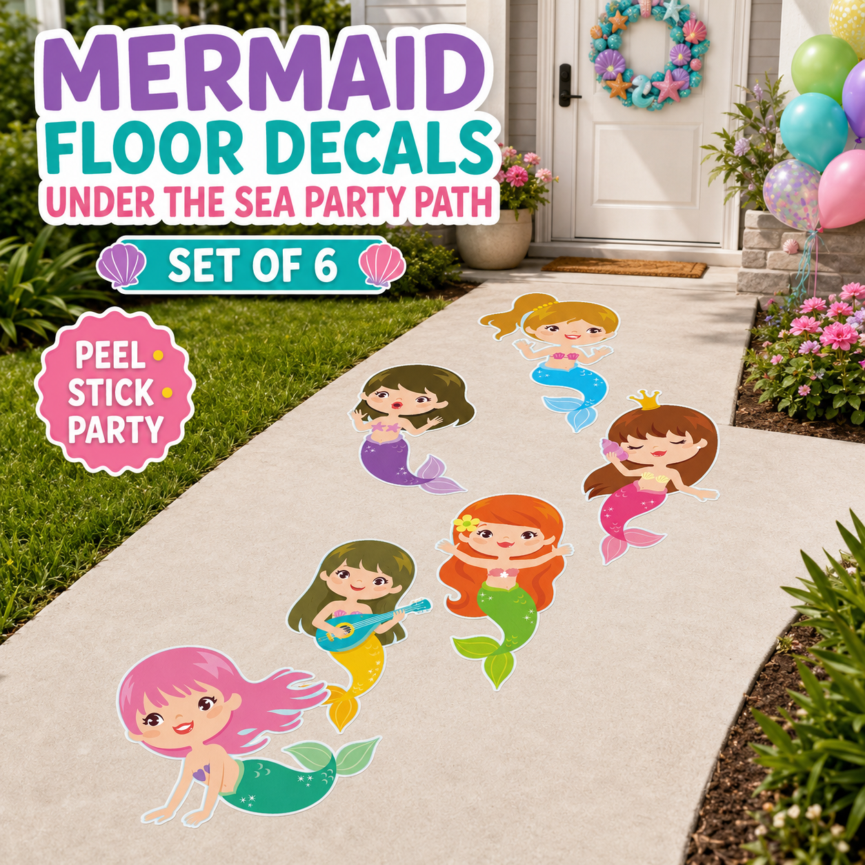 Mermaid Floor Decals Set of 6 Under the Sea Party Sidewalk Stickers