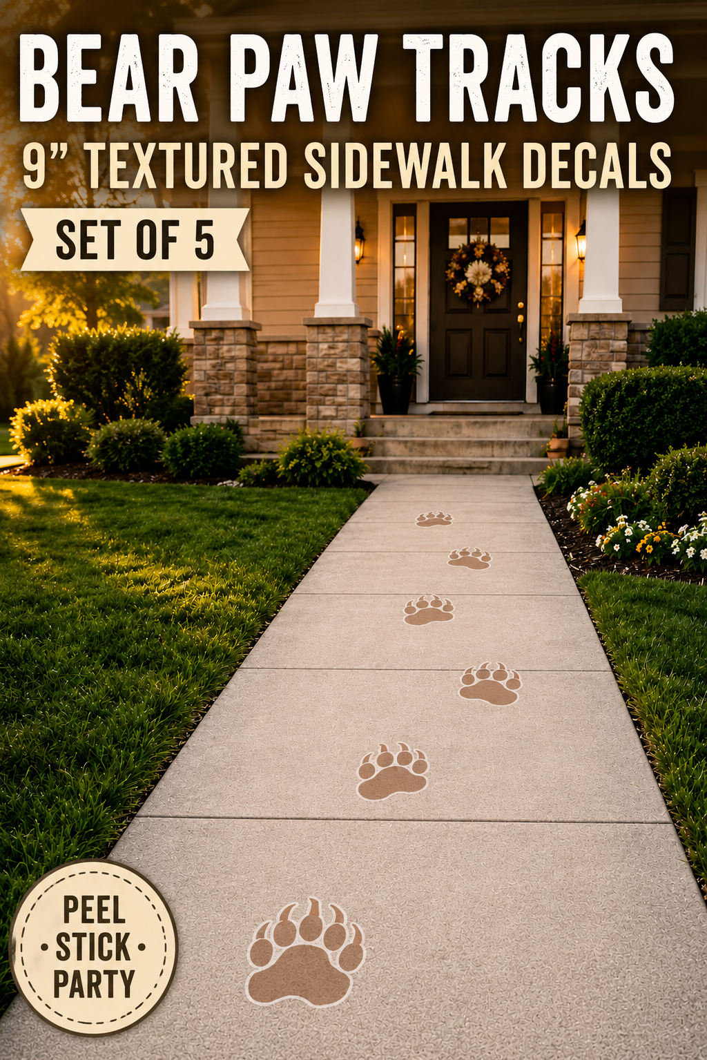 Bear Paw Sidewalk Decals 9" Floor Stickers Party Tracks Set of 5 Outdoor Vinyl