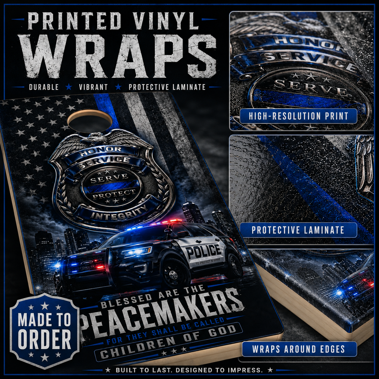 Police Cornhole Board Wrap Set Thin Blue Line Vinyl Decals Law Enforcement Set 2