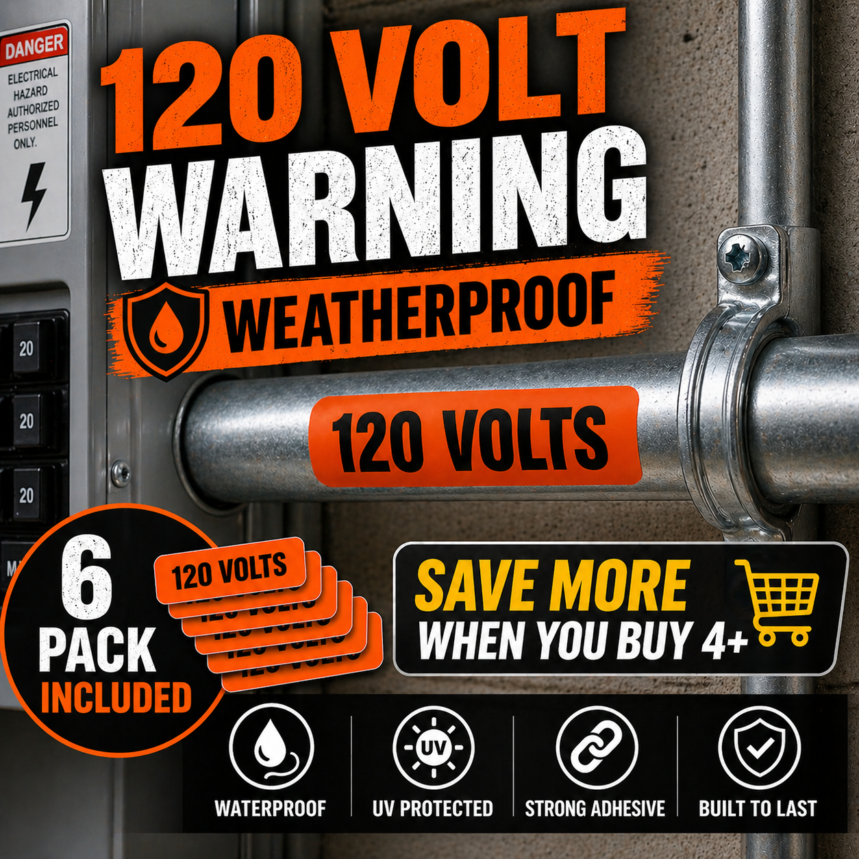120 Volt Warning Decal – Electrical Panel / Conduit Sticker – Waterproof – 6 Pac