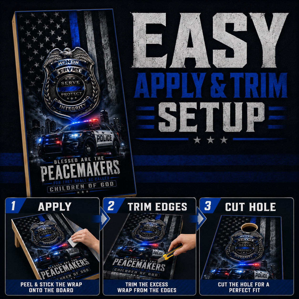 Police Cornhole Board Wrap Set Thin Blue Line Vinyl Decals Law Enforcement Set 2