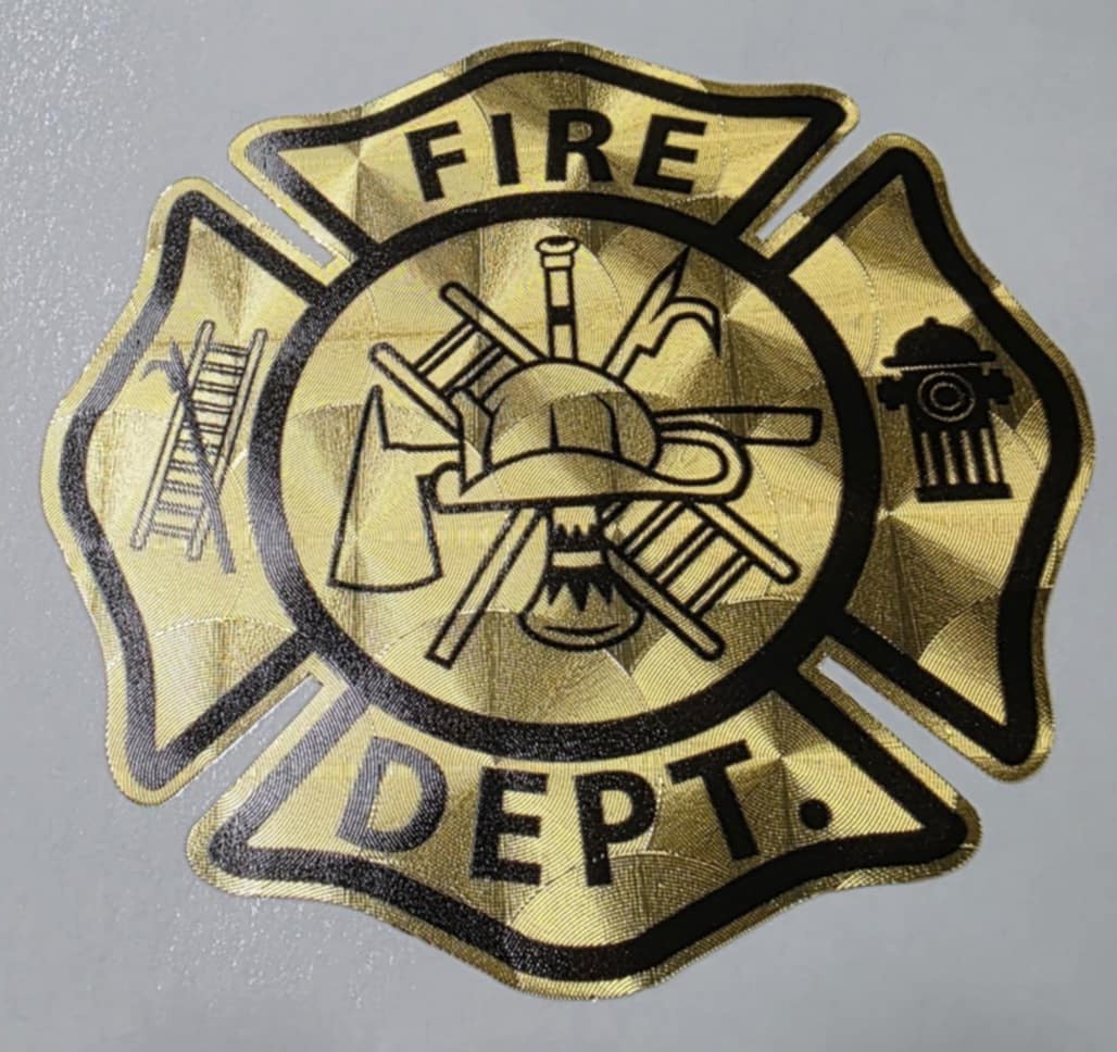 5 inch Gold Metallic Engine Turn Fire Department Maltese Cross Decal Outdoor