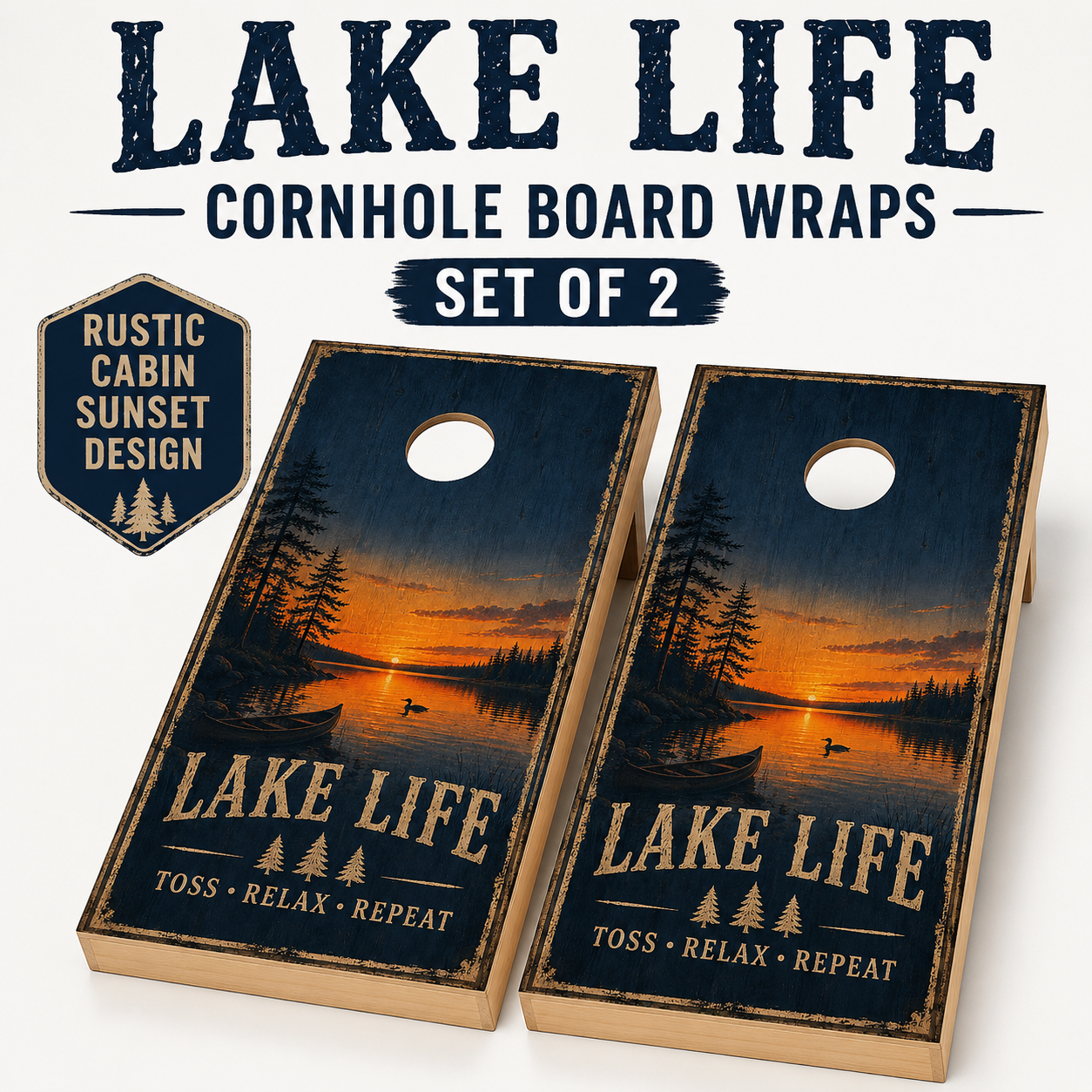 Lake Life Cornhole Board Wraps – Set of 2 Rustic Cabin Sunset Vinyl Wraps