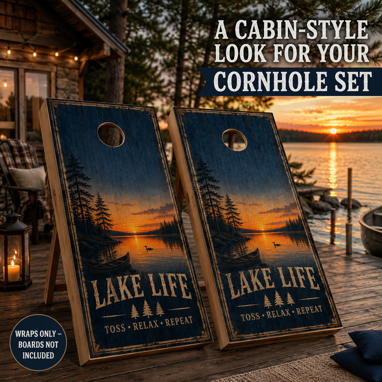 Lake Life Cornhole Board Wraps – Set of 2 Rustic Cabin Sunset Vinyl Wraps