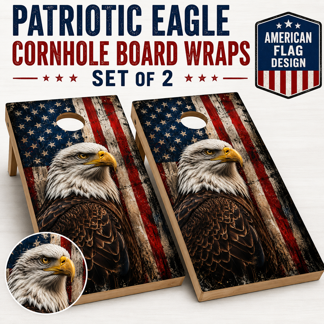 Patriotic Eagle Cornhole Board Wraps – Set of 2 American Flag Vinyl Wraps