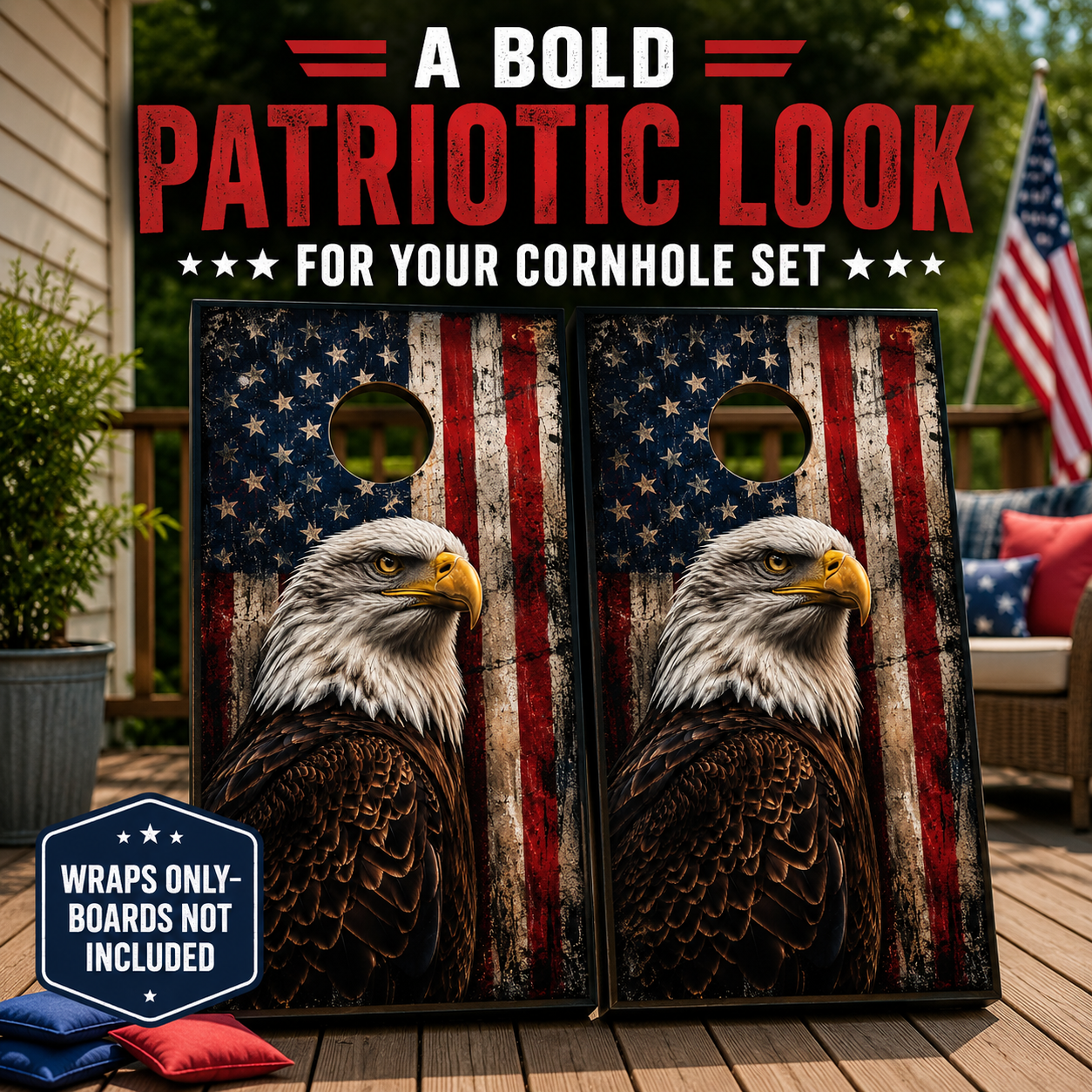 Patriotic Eagle Cornhole Board Wraps – Set of 2 American Flag Vinyl Wraps