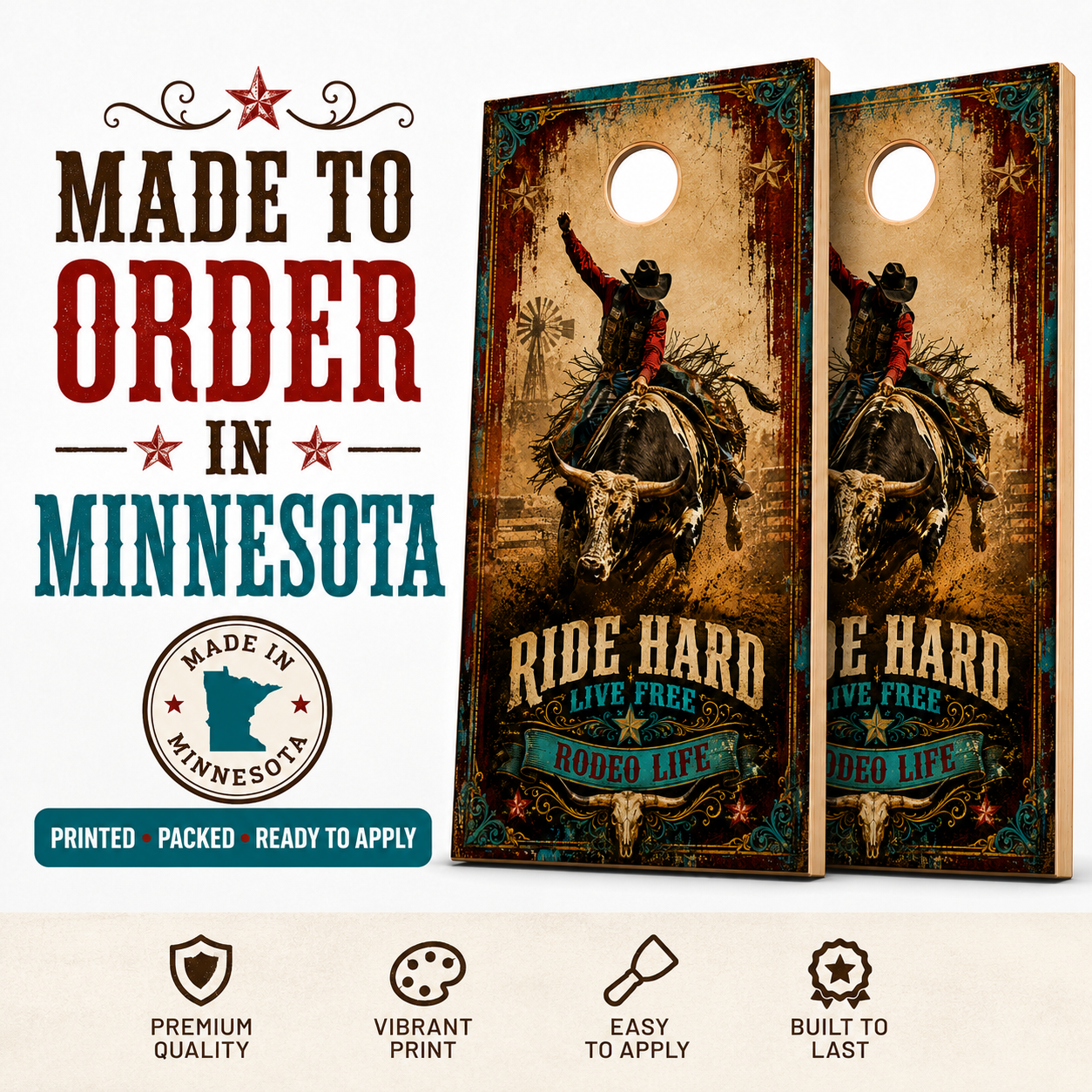 Rodeo Cornhole Board Wraps - Western Bull Rider Vinyl Wrap Set of 2