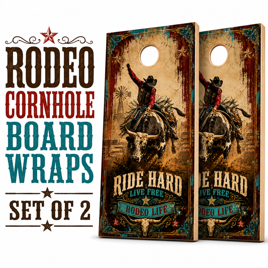 Rodeo Cornhole Board Wraps - Western Bull Rider Vinyl Wrap Set of 2