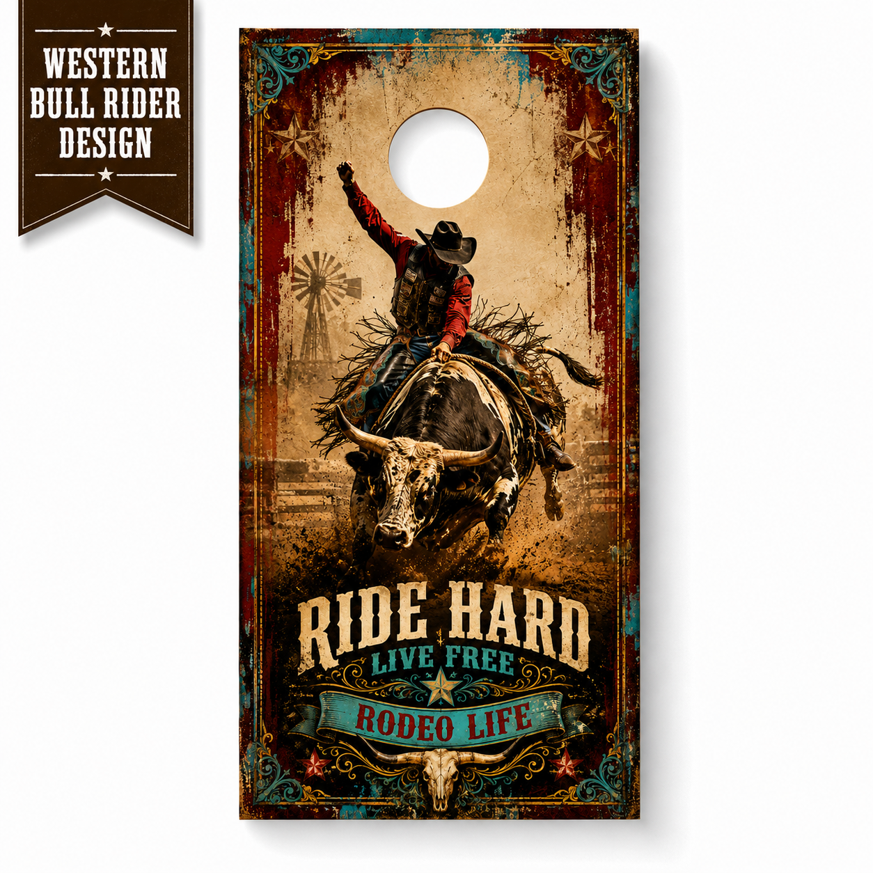 Rodeo Cornhole Board Wraps - Western Bull Rider Vinyl Wrap Set of 2
