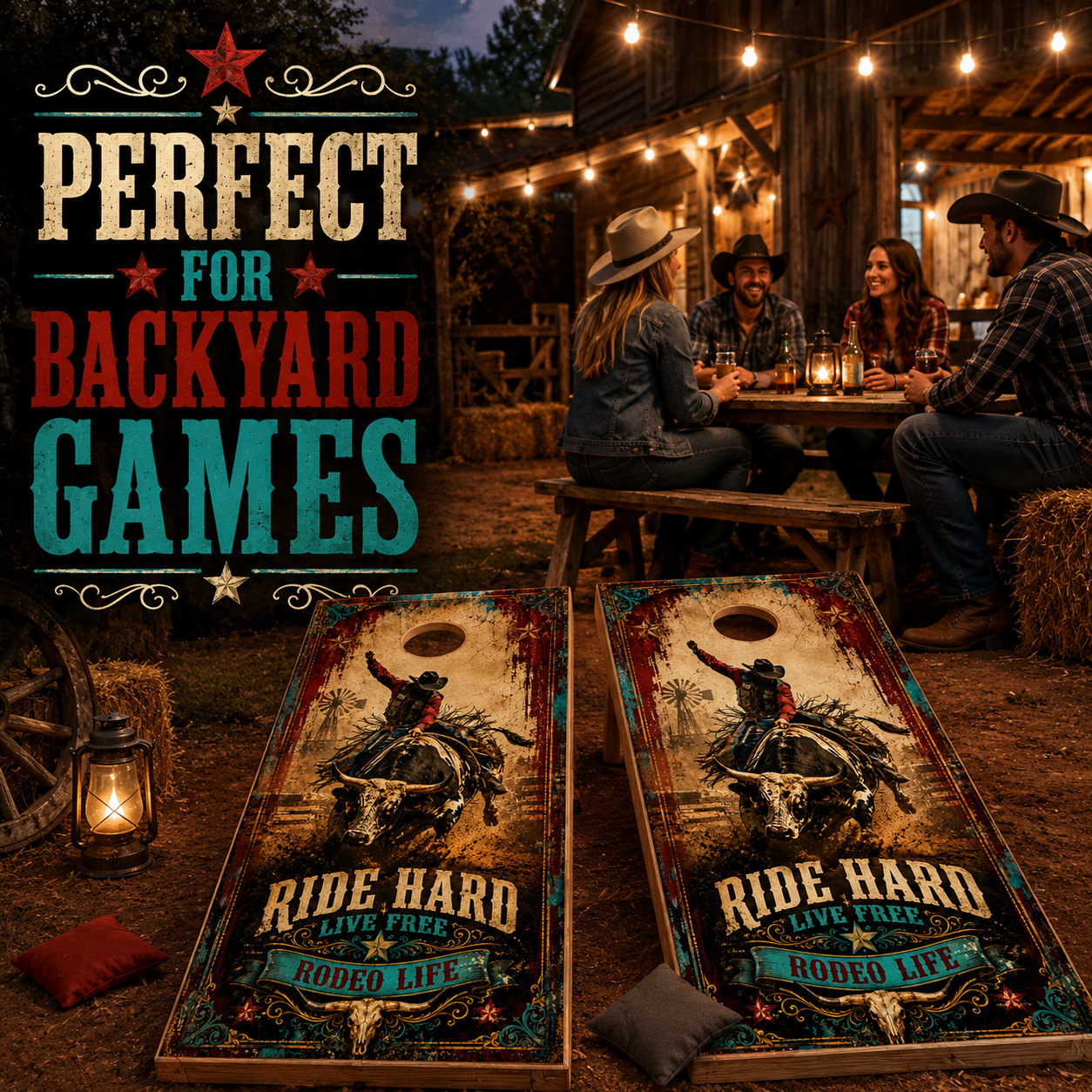 Rodeo Cornhole Board Wraps - Western Bull Rider Vinyl Wrap Set of 2