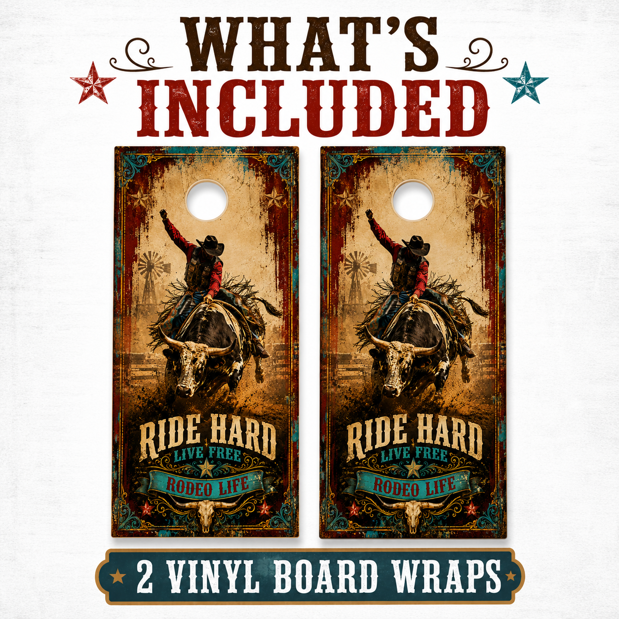 Rodeo Cornhole Board Wraps - Western Bull Rider Vinyl Wrap Set of 2