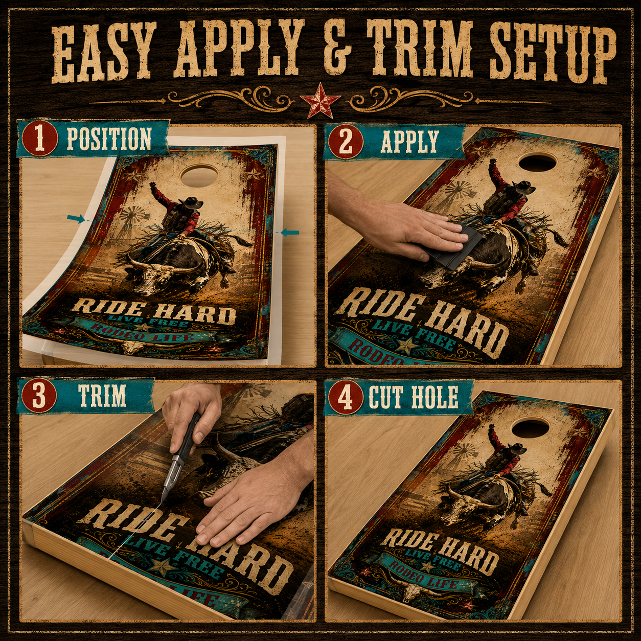 Rodeo Cornhole Board Wraps - Western Bull Rider Vinyl Wrap Set of 2