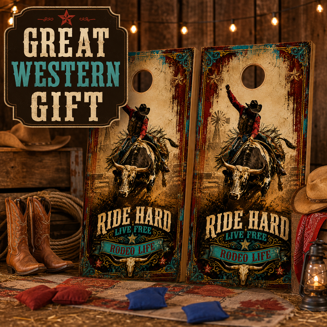 Rodeo Cornhole Board Wraps - Western Bull Rider Vinyl Wrap Set of 2