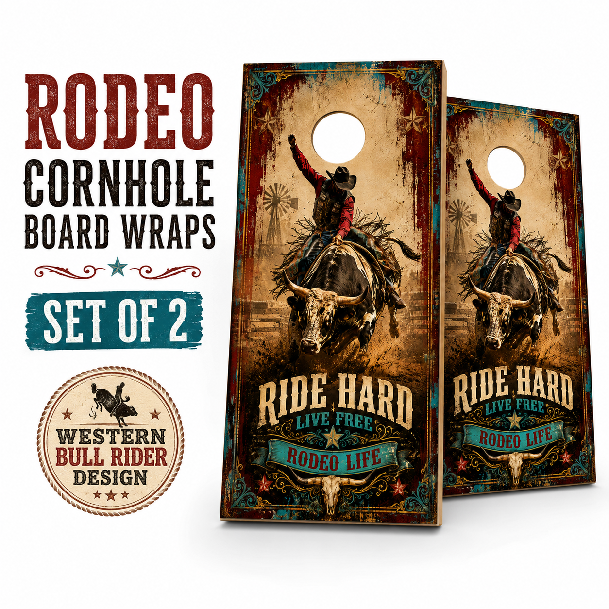 Rodeo Cornhole Board Wraps - Western Bull Rider Vinyl Wrap Set of 2