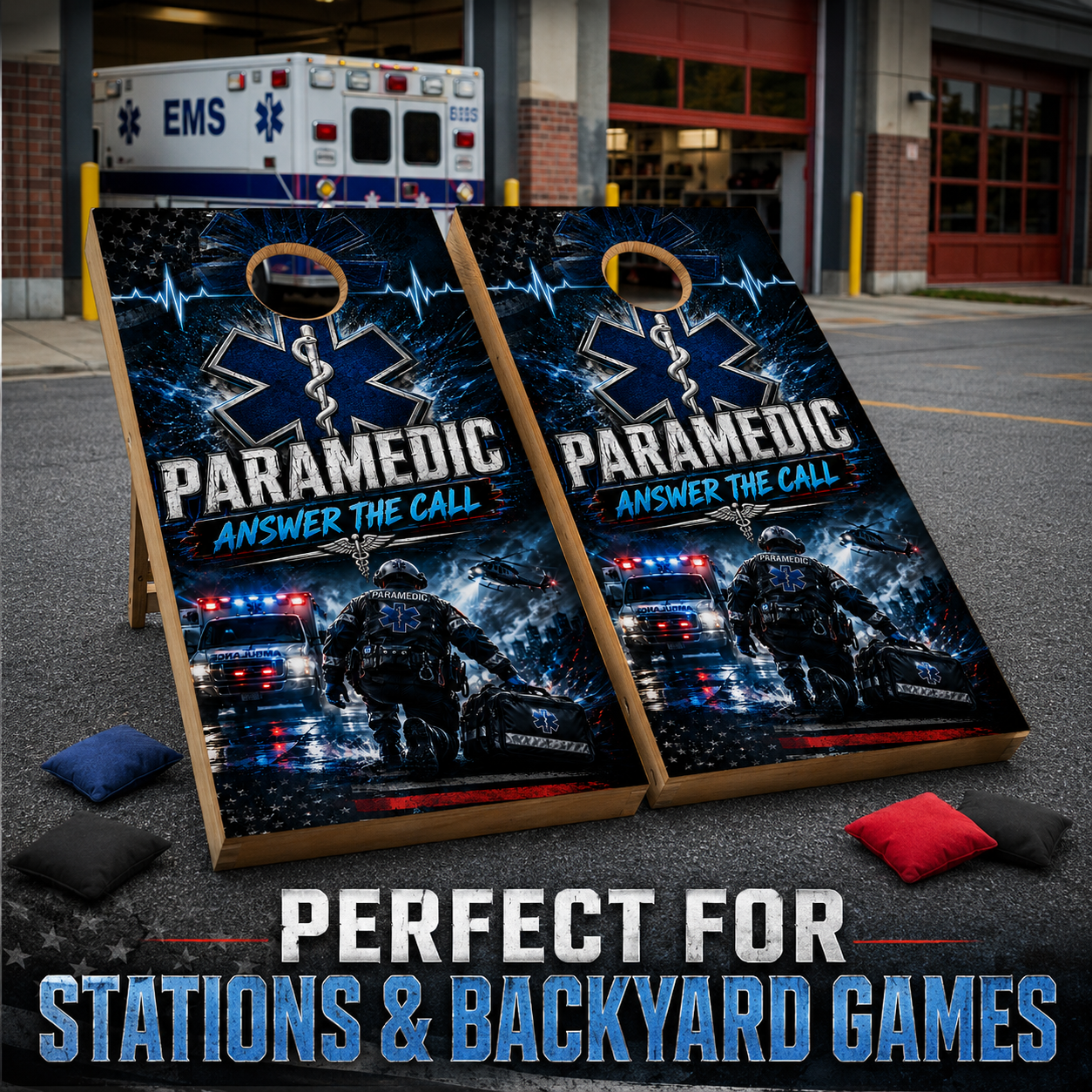 Paramedic Cornhole Board Wraps - EMS Answer The Call Vinyl Wrap Set of 2