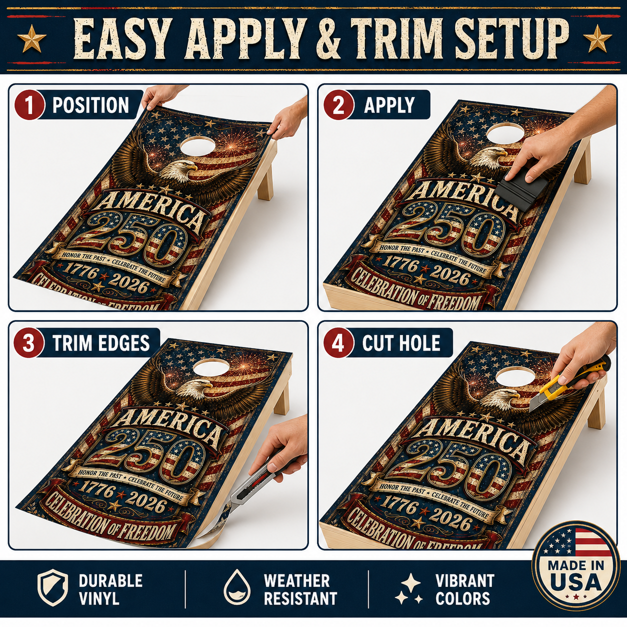 America 250 Celebration Cornhole Board Wraps | Patriotic Eagle 1776-2026 Vinyl Wrap Set