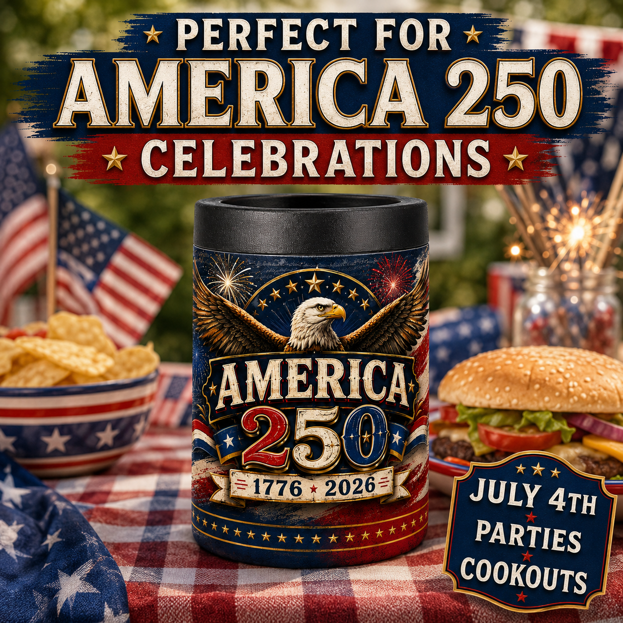 America 250 Polar Camel Beverage Holder | Patriotic Eagle Can Cooler