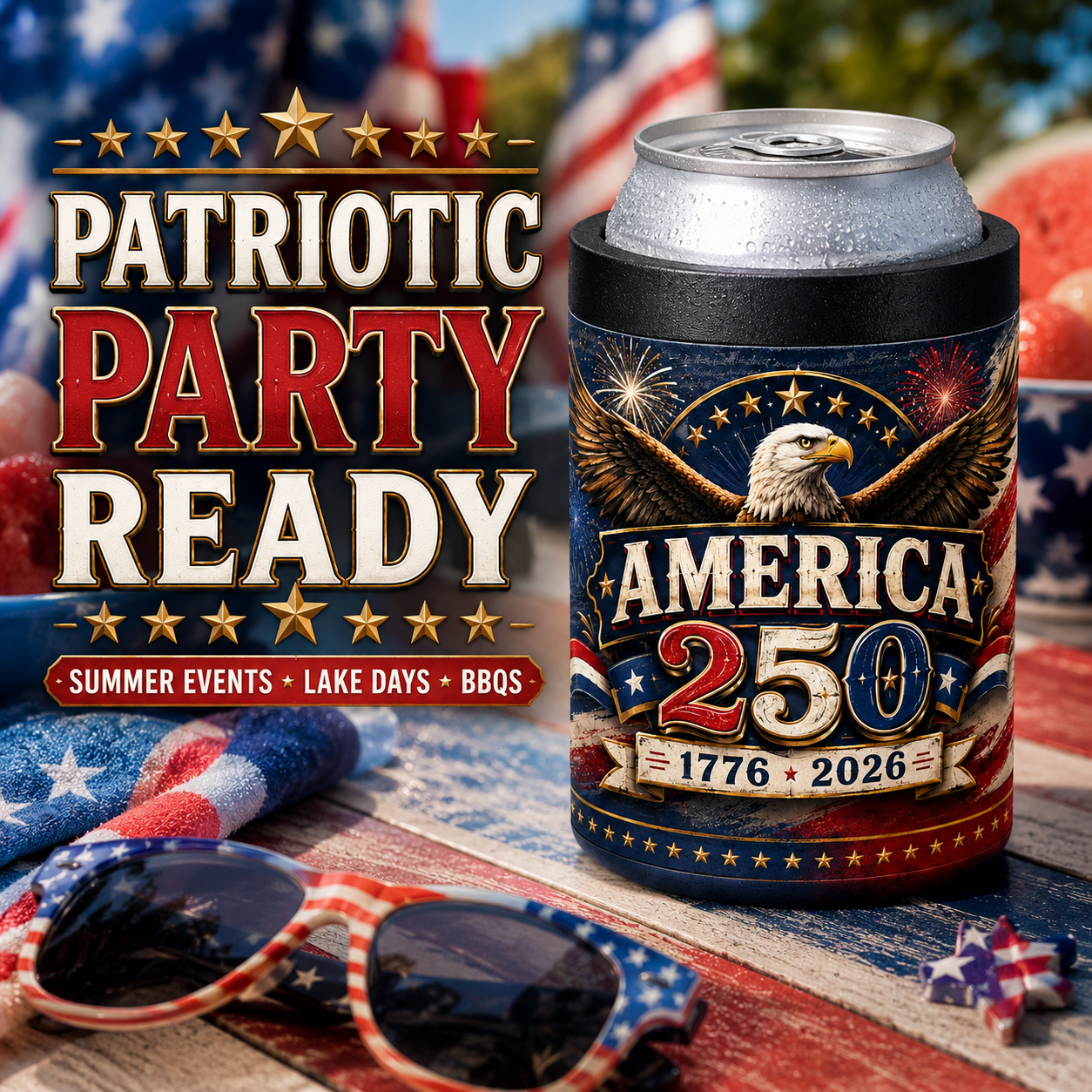 America 250 Polar Camel Beverage Holder | Patriotic Eagle Can Cooler