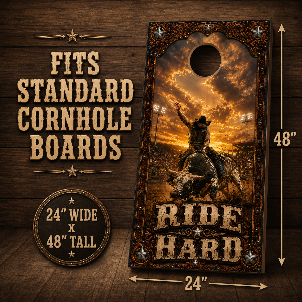 Ride Hard Rodeo Bull Riding Cornhole Board Wrap Set