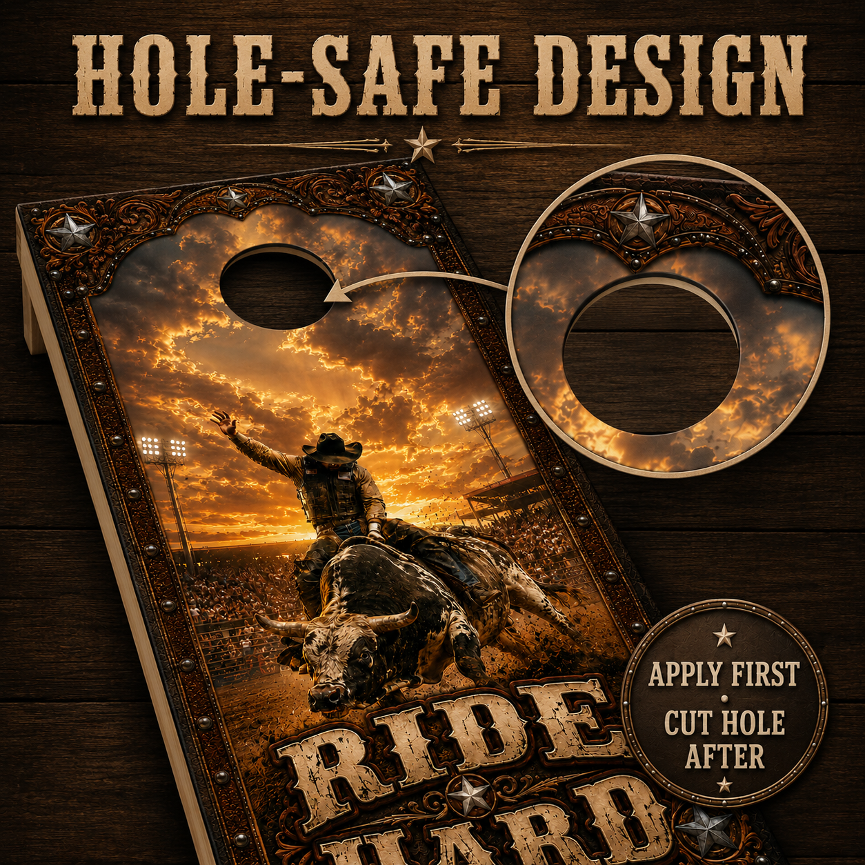 Ride Hard Rodeo Bull Riding Cornhole Board Wrap Set