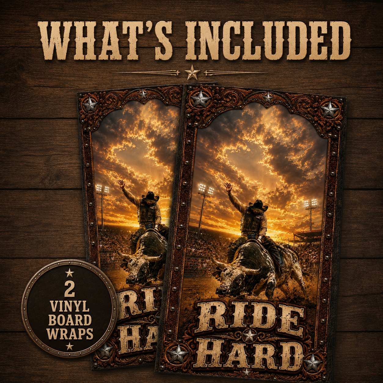 Ride Hard Rodeo Bull Riding Cornhole Board Wrap Set