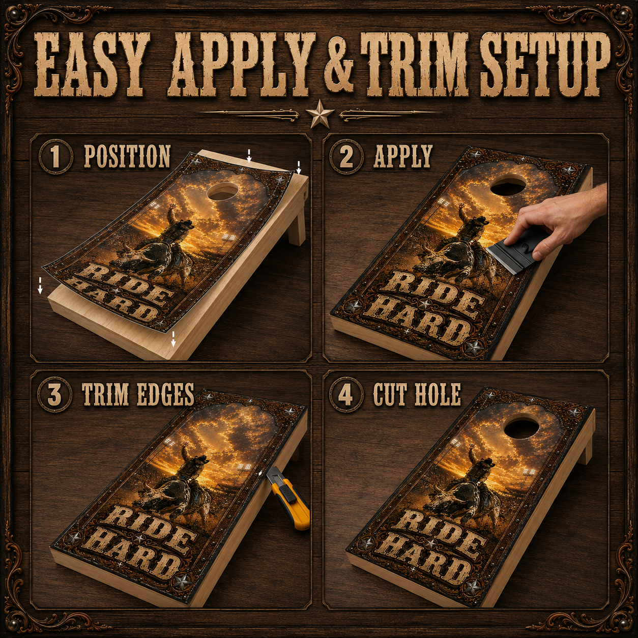 Ride Hard Rodeo Bull Riding Cornhole Board Wrap Set