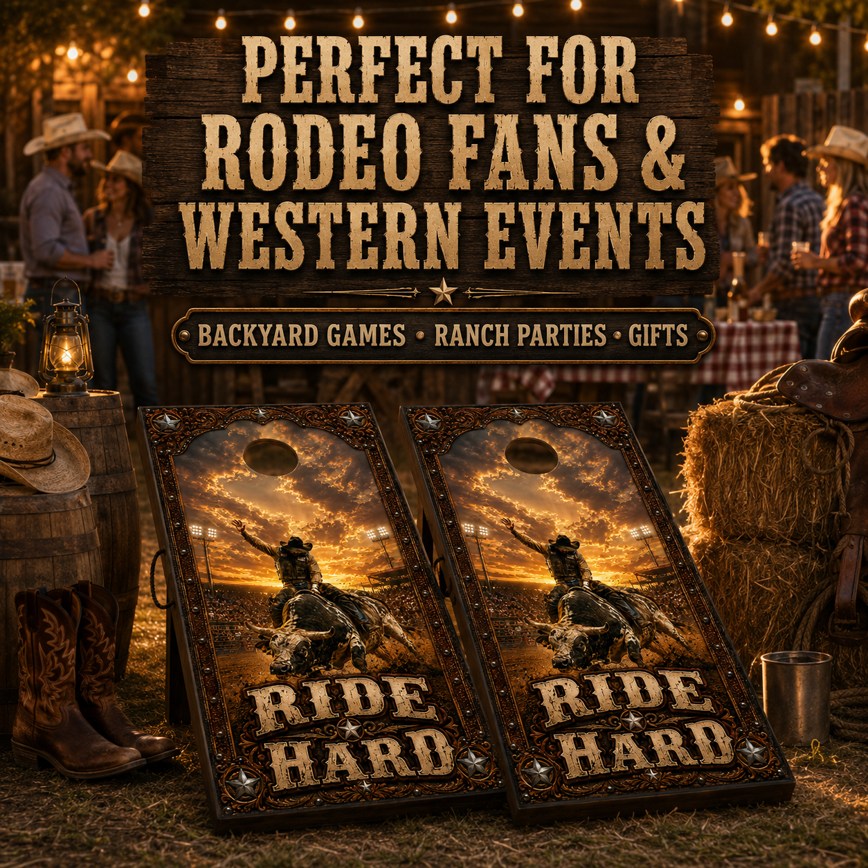 Ride Hard Rodeo Bull Riding Cornhole Board Wrap Set