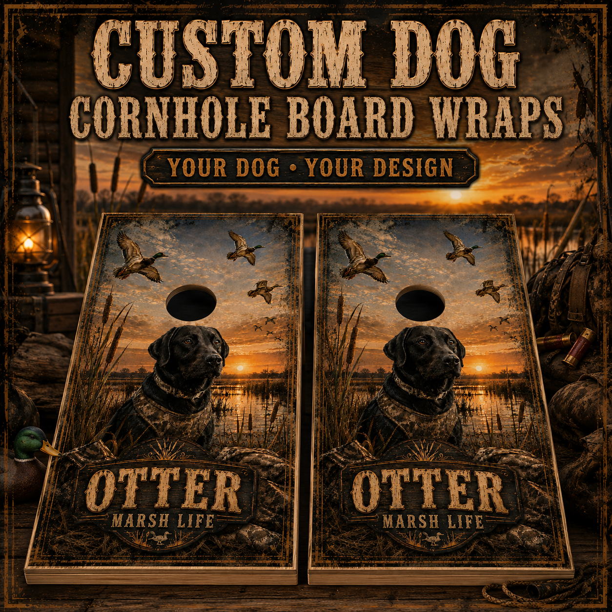 Custom Dog Marsh Life Cornhole Board Wrap Set Duck Hunting