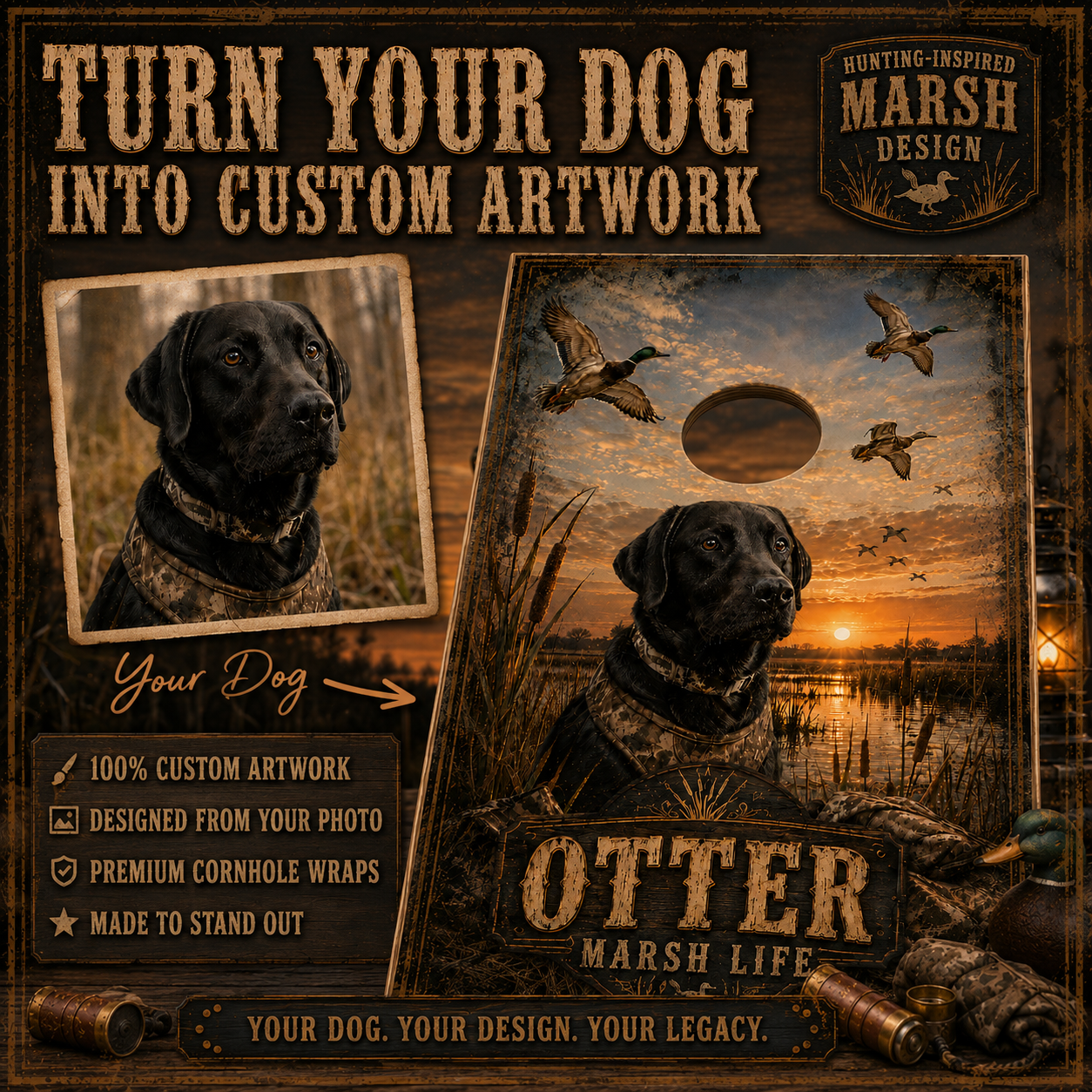 Custom Dog Marsh Life Cornhole Board Wrap Set Duck Hunting