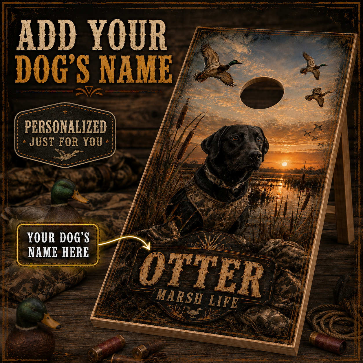 Custom Dog Marsh Life Cornhole Board Wrap Set Duck Hunting