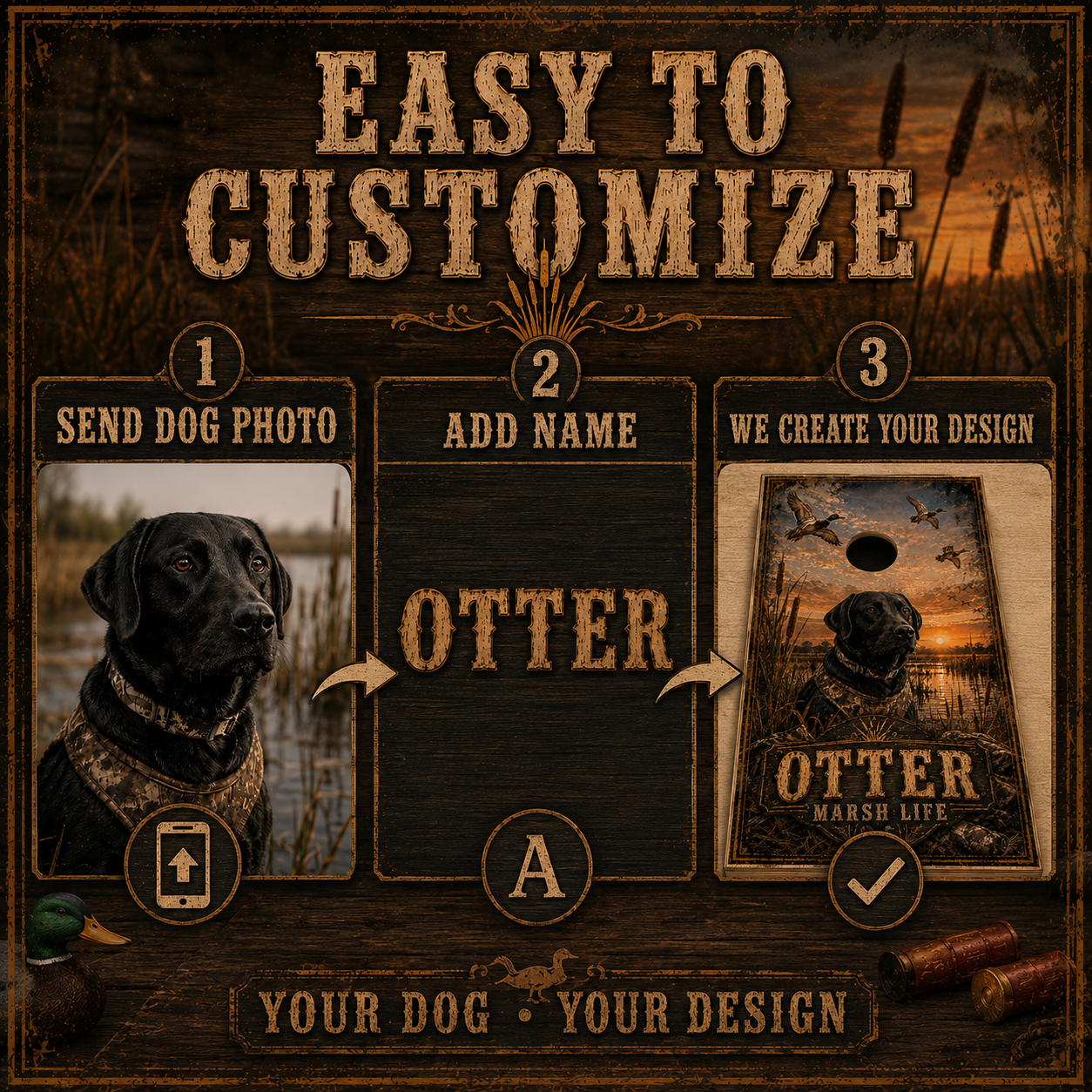 Custom Dog Marsh Life Cornhole Board Wrap Set Duck Hunting
