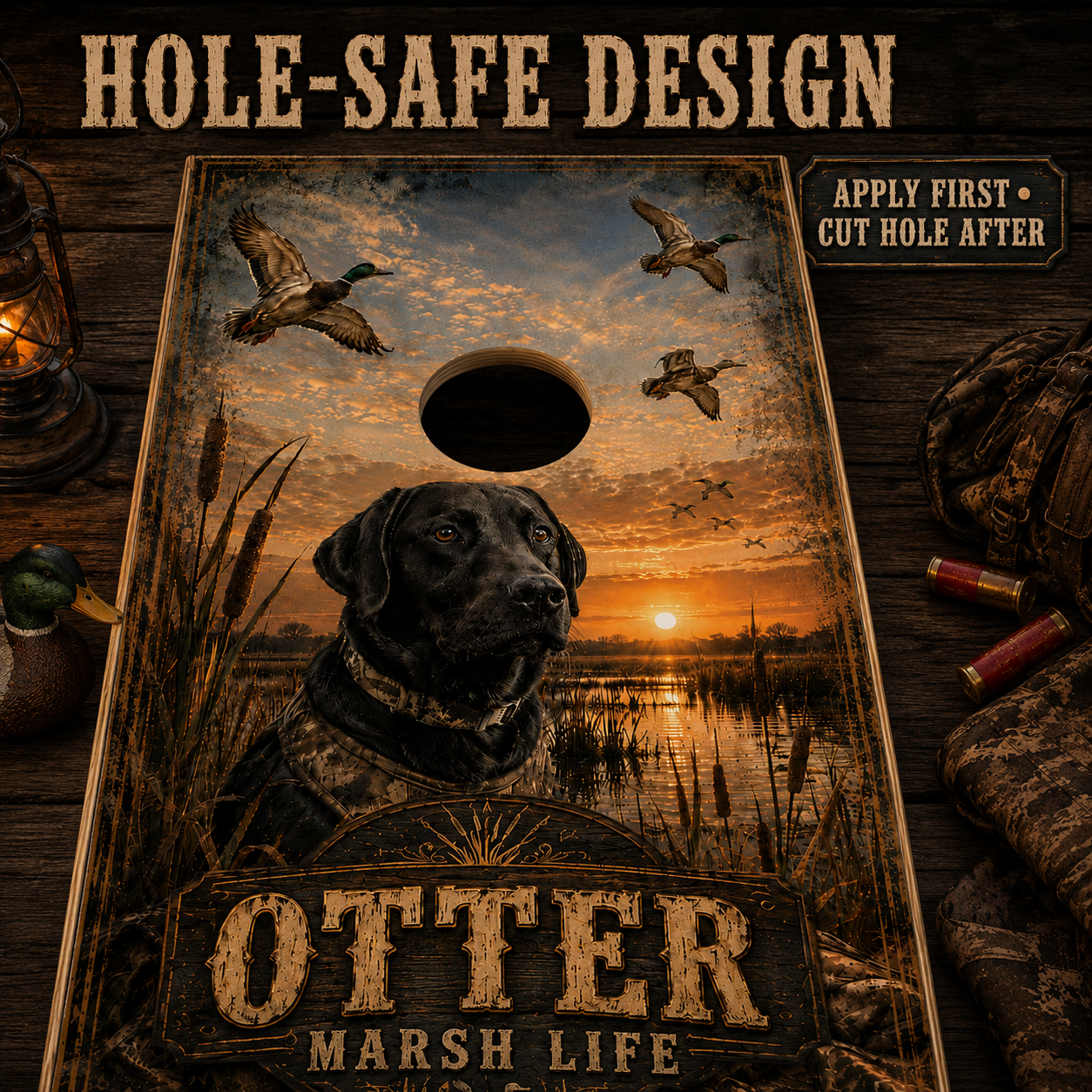 Custom Dog Marsh Life Cornhole Board Wrap Set Duck Hunting