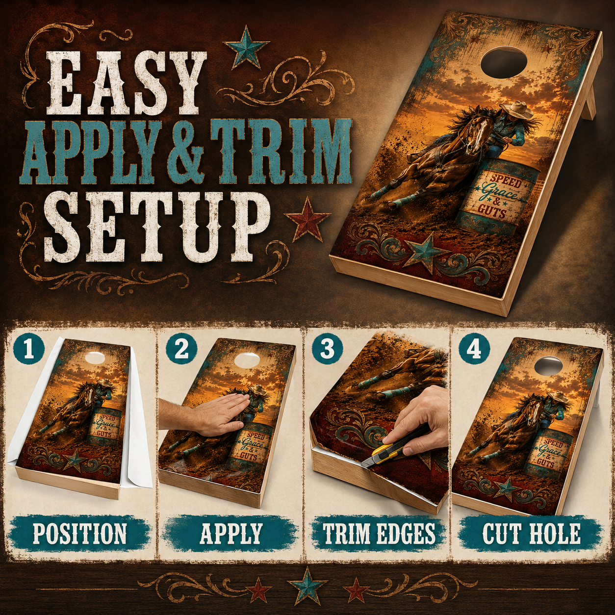 Barrel Racing Cornhole Board Wrap Set | Western Horse Racing Vinyl Wraps