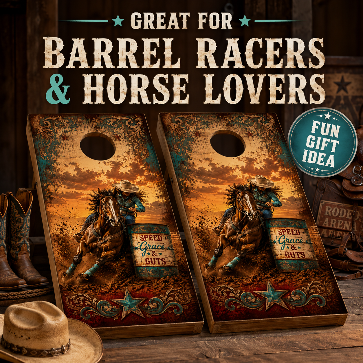 Barrel Racing Cornhole Board Wrap Set | Western Horse Racing Vinyl Wraps