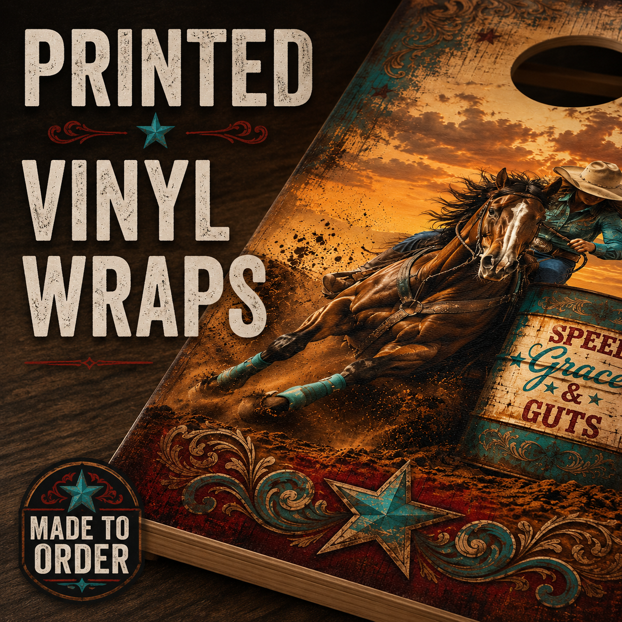 Barrel Racing Cornhole Board Wrap Set | Western Horse Racing Vinyl Wraps