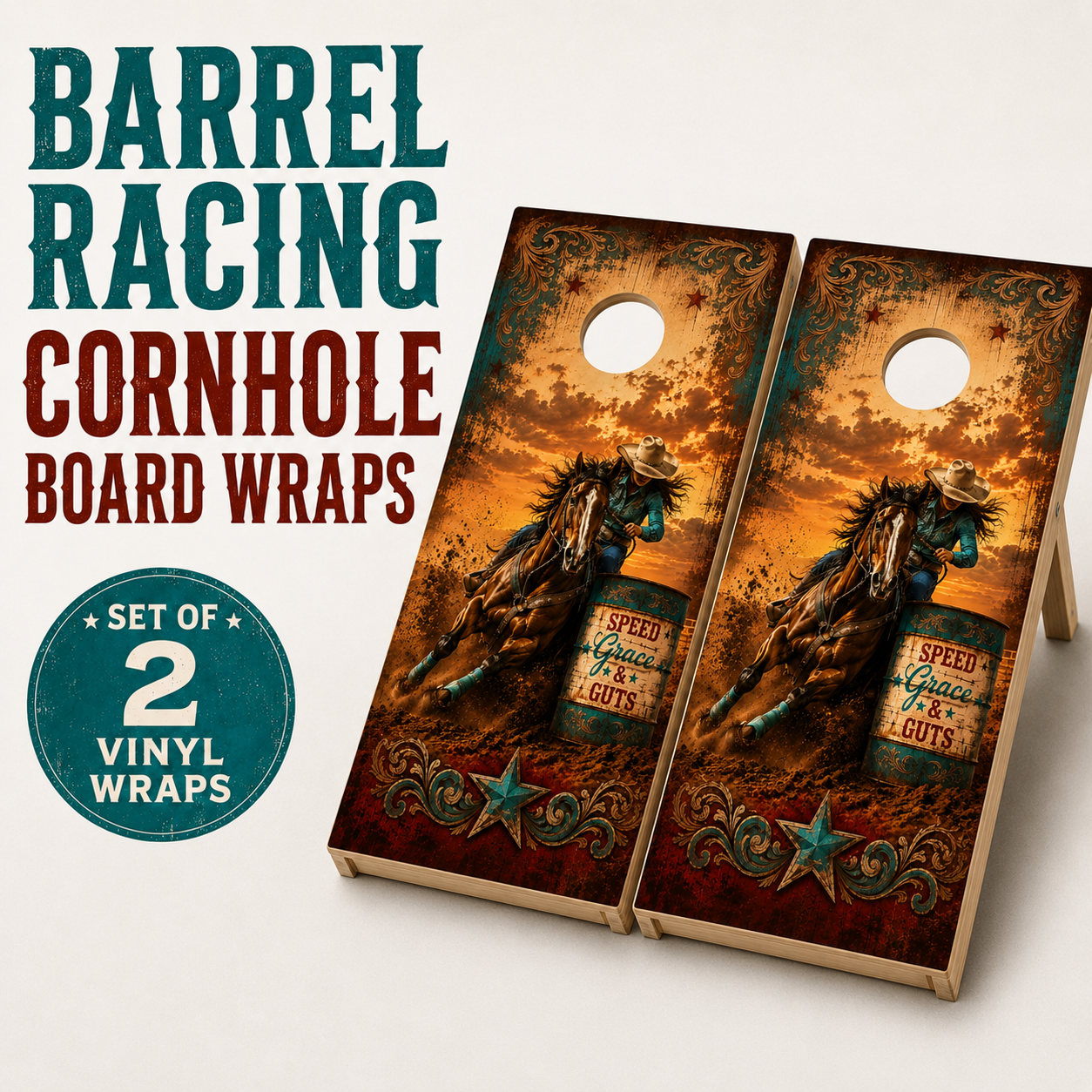 Barrel Racing Cornhole Board Wrap Set | Western Horse Racing Vinyl Wraps