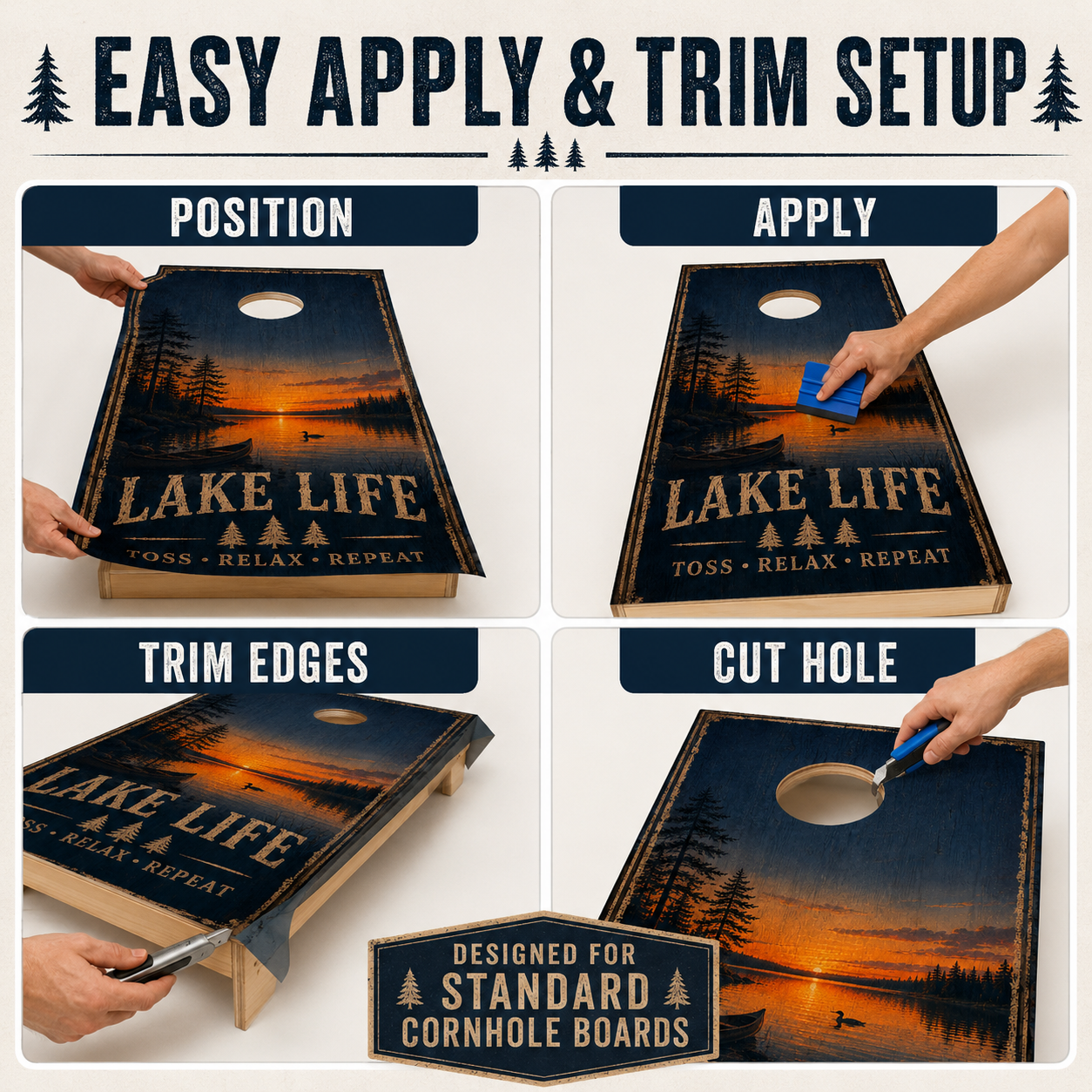 Lake Life Cornhole Board Wraps – Set of 2 Rustic Cabin Sunset Vinyl Wraps