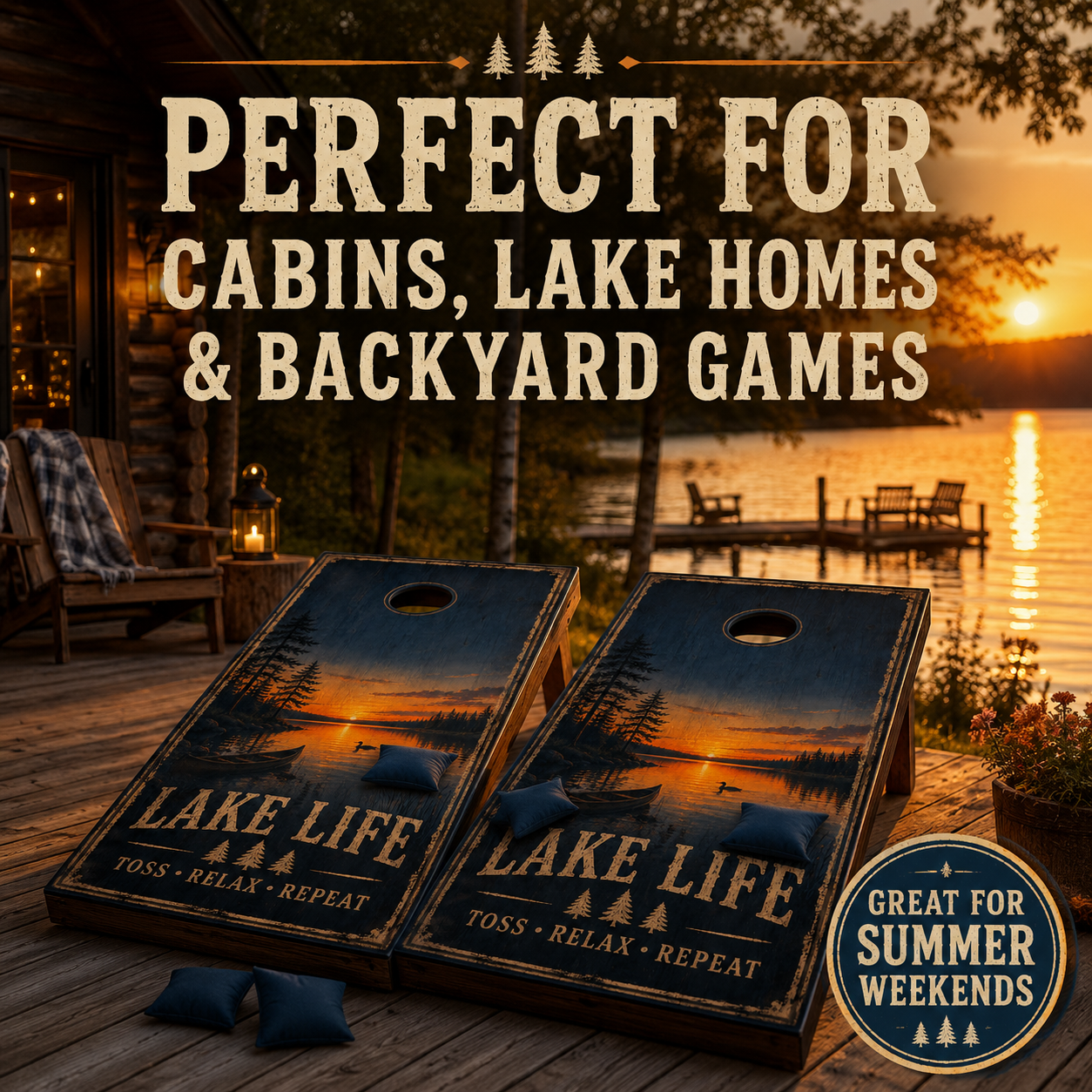 Lake Life Cornhole Board Wraps – Set of 2 Rustic Cabin Sunset Vinyl Wraps