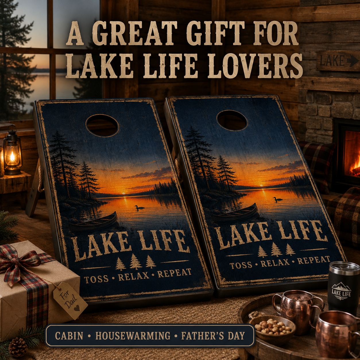 Lake Life Cornhole Board Wraps – Set of 2 Rustic Cabin Sunset Vinyl Wraps